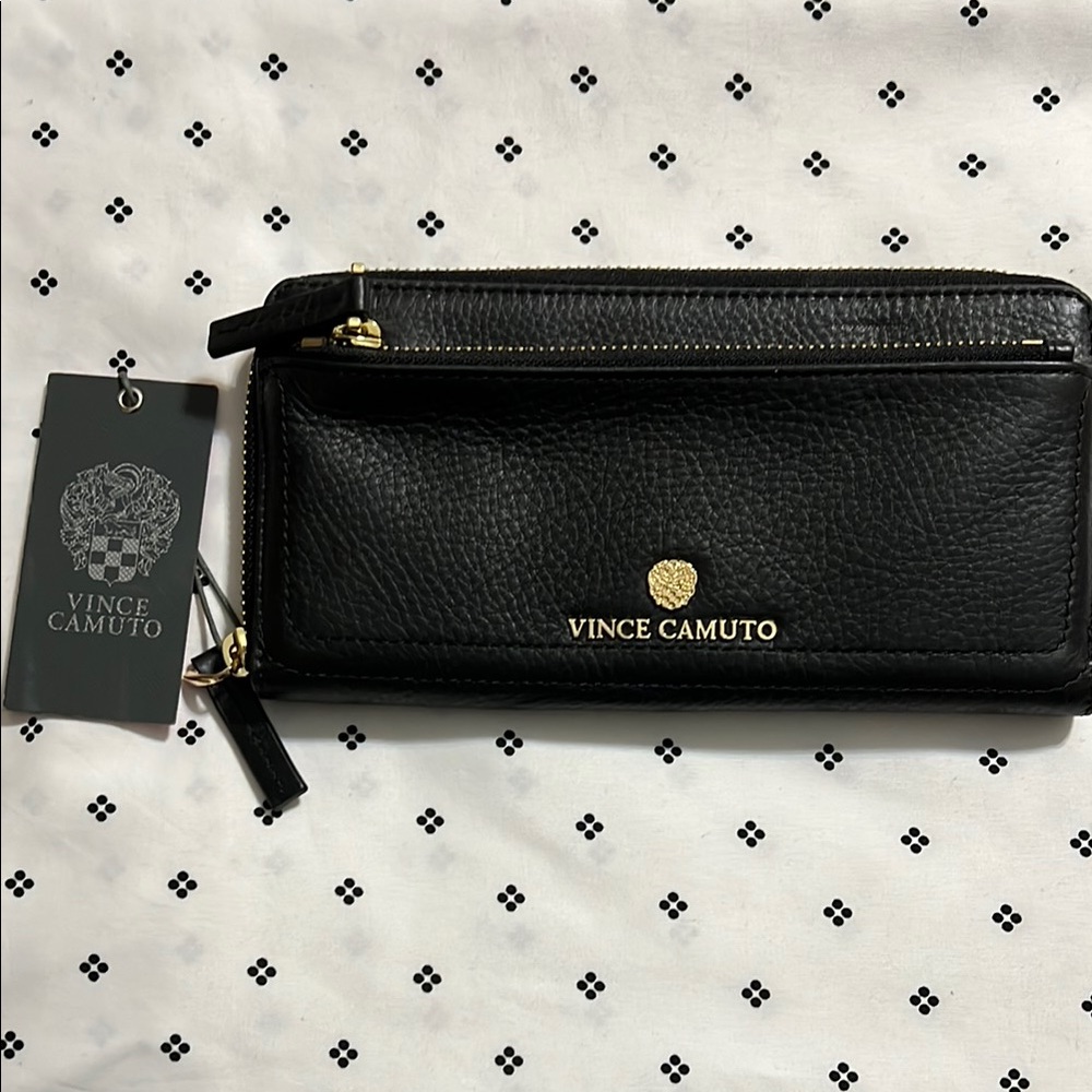 Vince Camuto Black Leather Wallet with Gold Details
